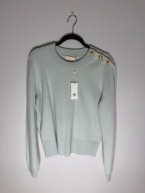 Tory Burch Pale Mint Crewneck Sweater with Gold Logo Buttons Size XL NEW!